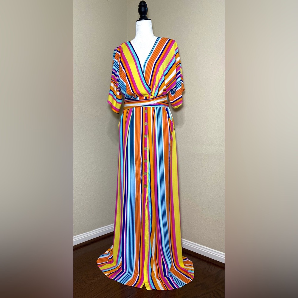 Maxi Dress Francesca's Harper Heritage Striped V-neck Colorful Festival Dress - Picture 13 of 17